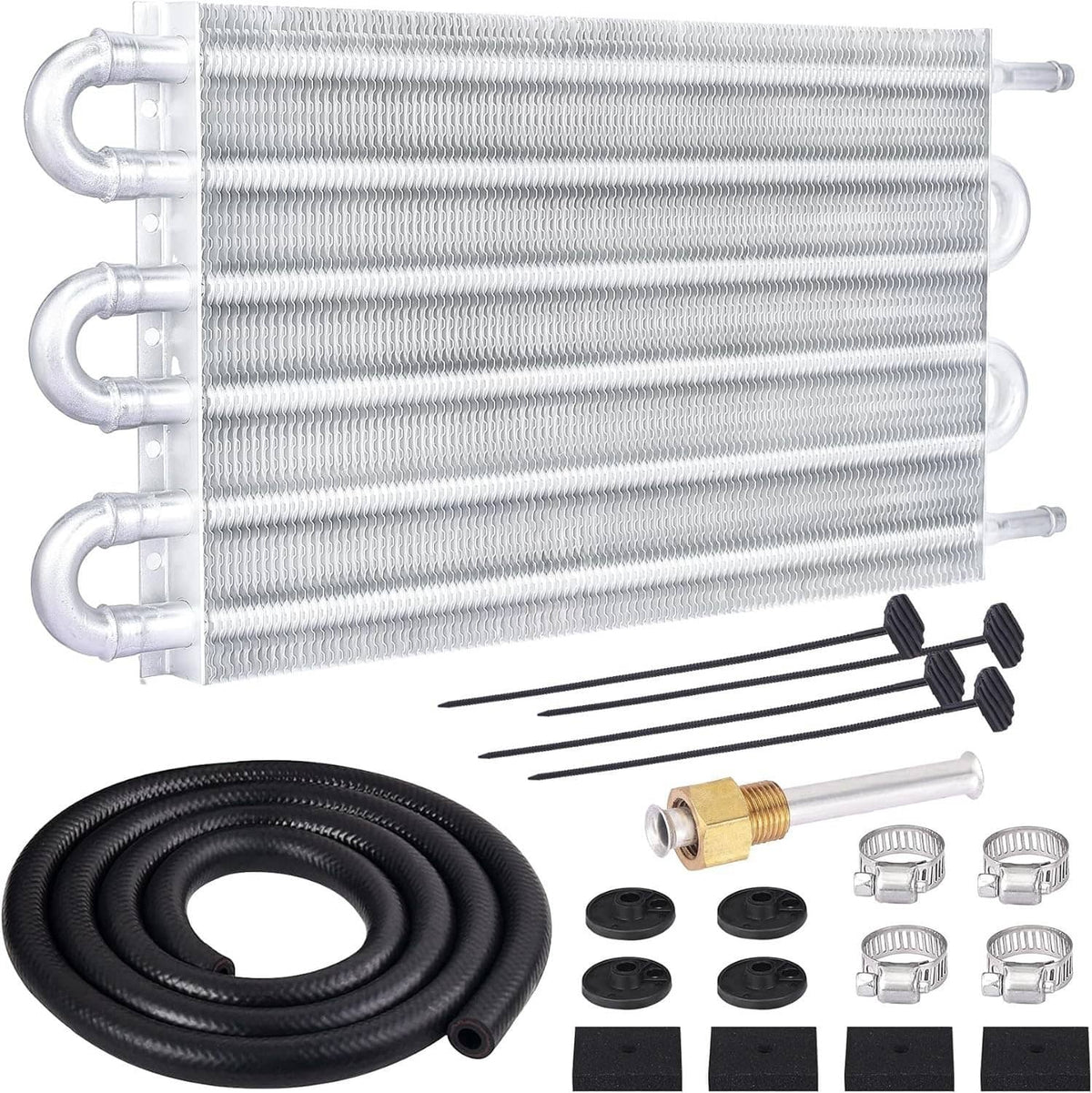 Aluminum oil cooler heat exchanger kit with radiator core, hoses, and metal fittings
