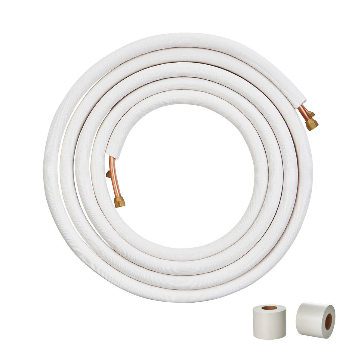 Insulated mini split line set tubing with white insulation and copper end fittings