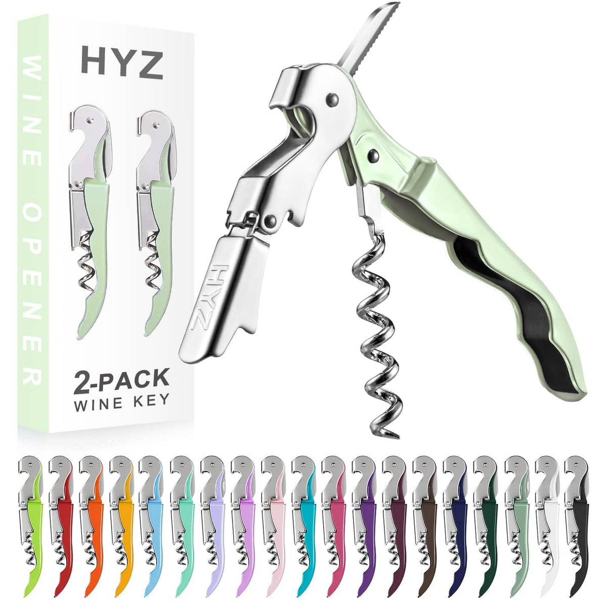 2-pack wine key corkscrew set with mint green handle and chrome lever