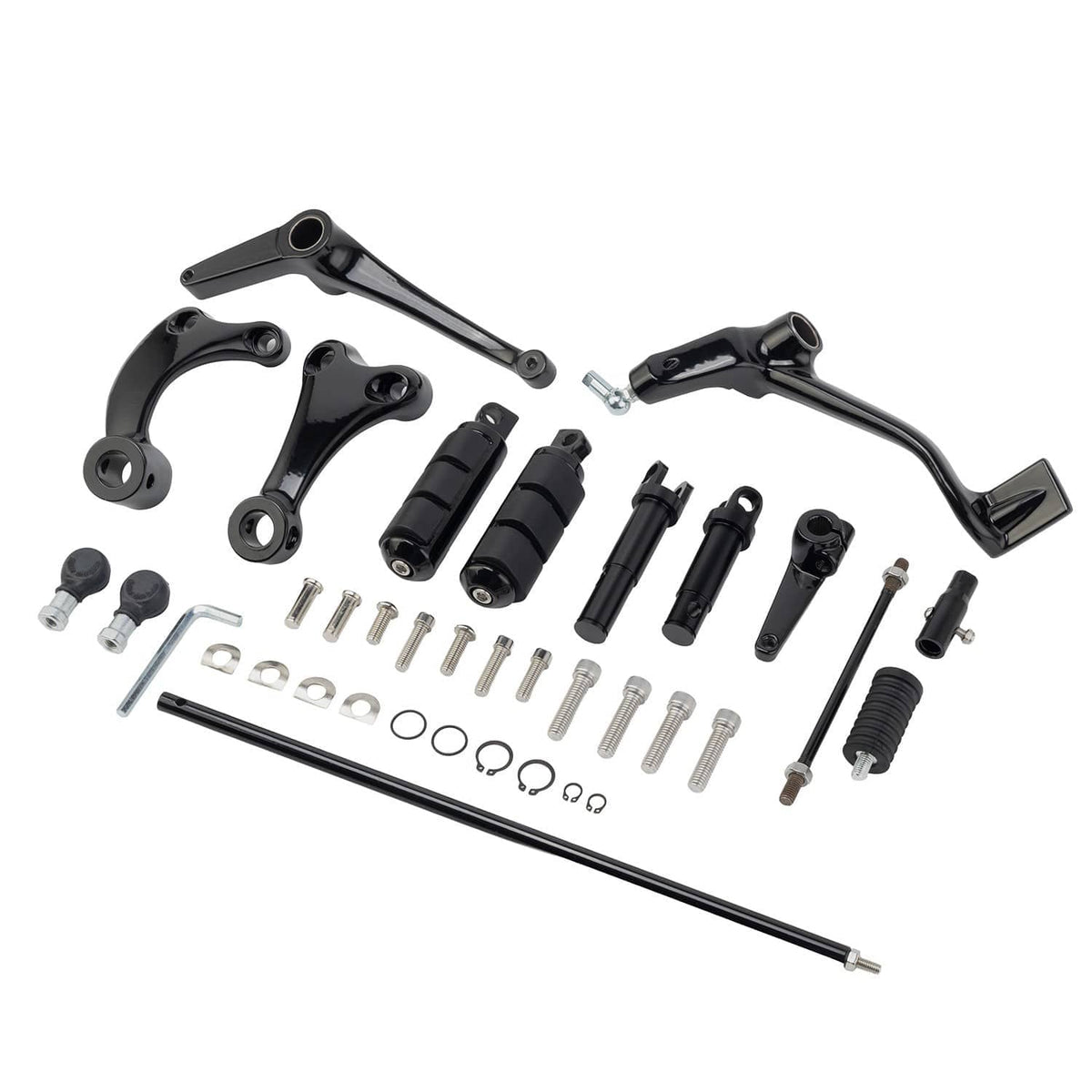 Black forward control linkage kit with multiple levers, pegs, rods, and screws