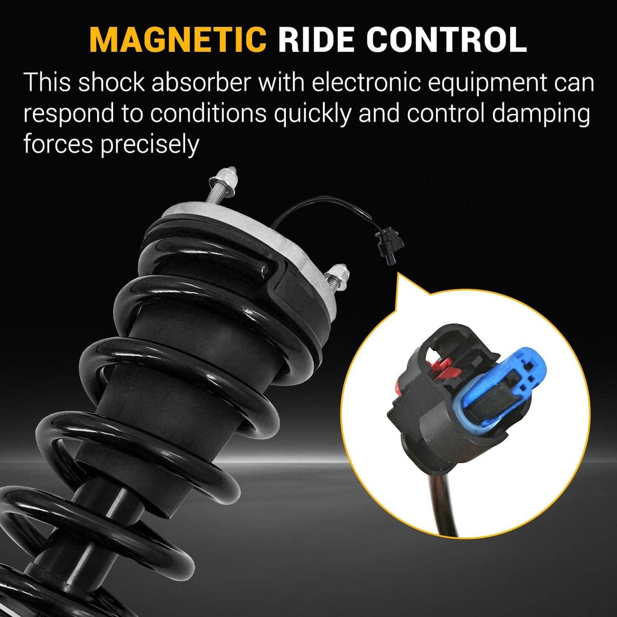Shock absorber strut with black coil spring and blue/black electrical connector