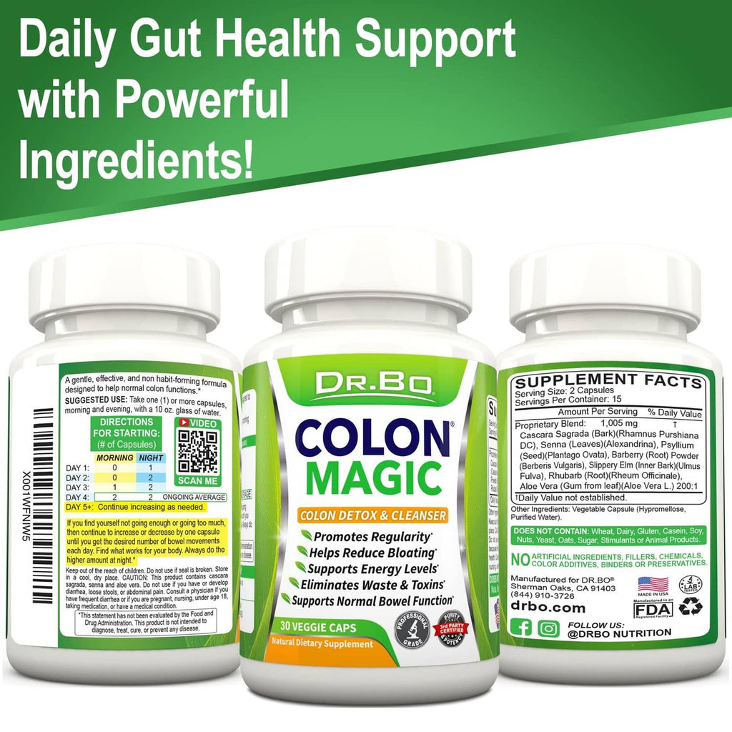Three Dr.BO Colon Magic bottles with Supplement Facts panels visible on labels