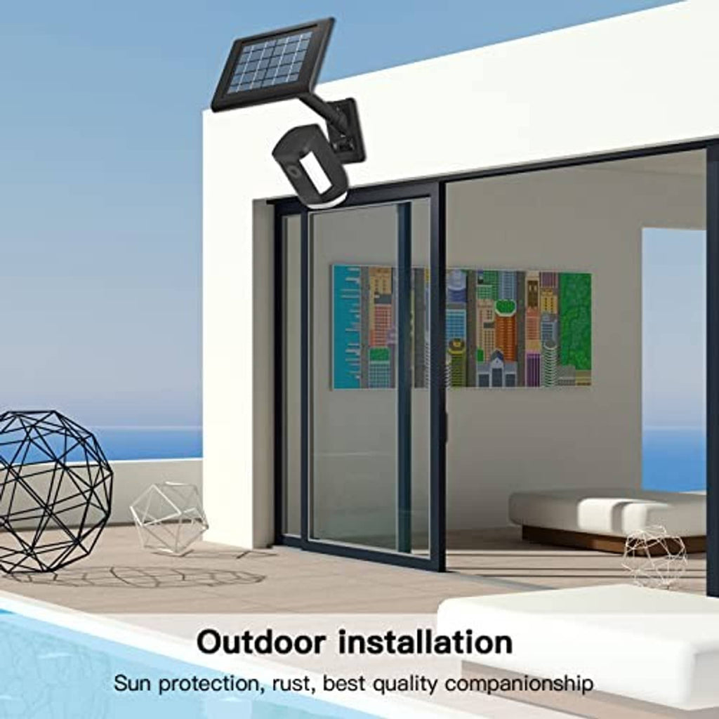 Black corner wall-mounted bracket with solar panel and security camera positioned outdoors