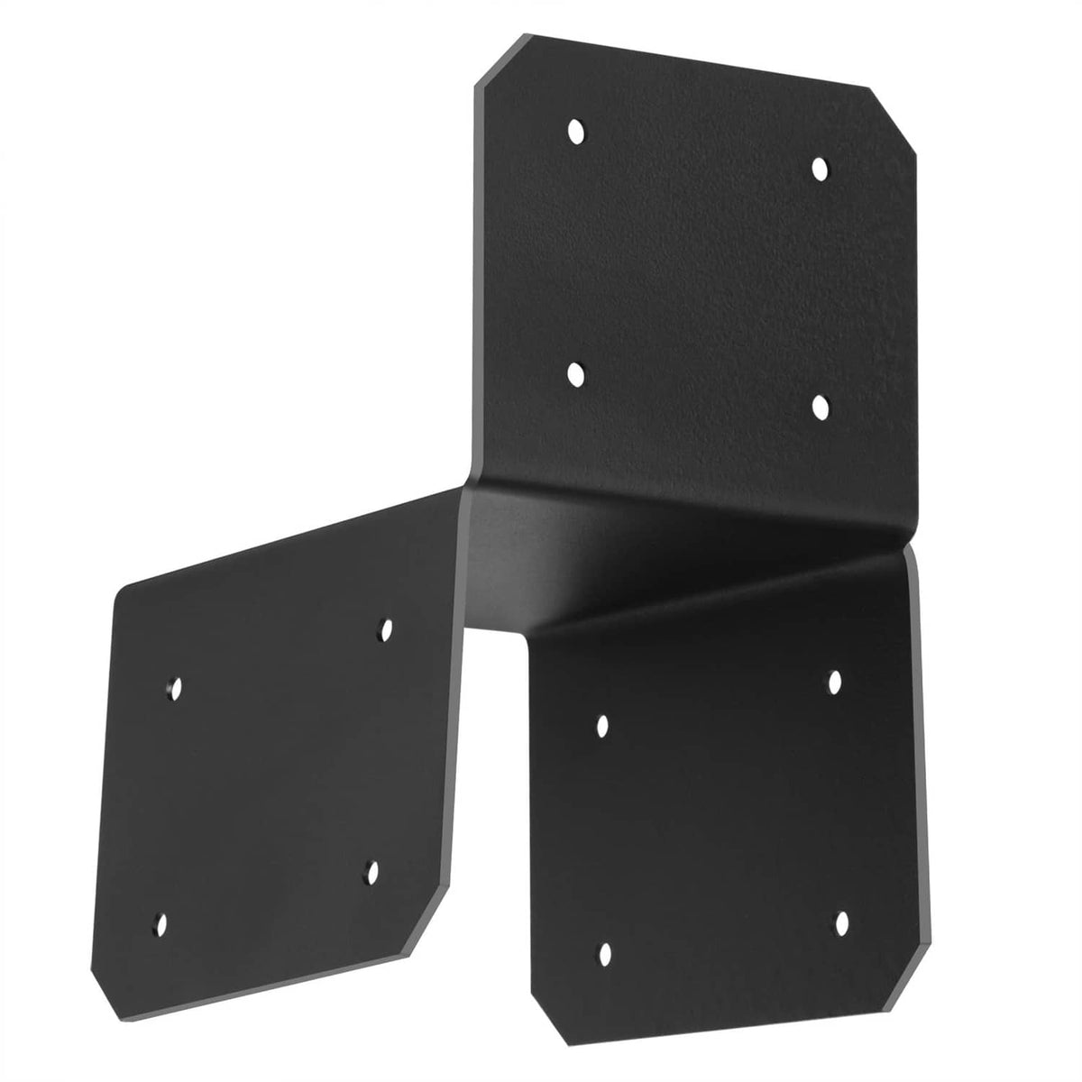 Black 4x4 joist anchor connector post cap viewed from the side, two plates with holes