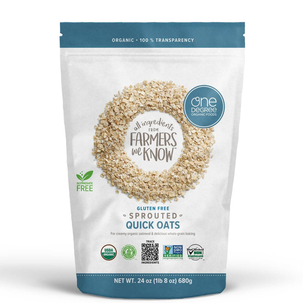 Gluten-free sprouted quick oats pouch, white bag with blue top and One Degree logo