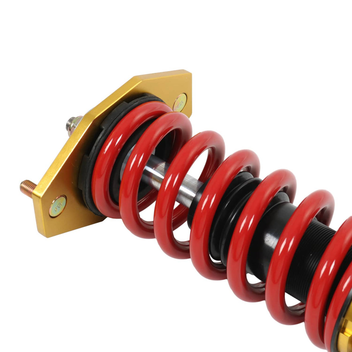 Coilover shock absorber with red spring and gold mounting bracket at the top