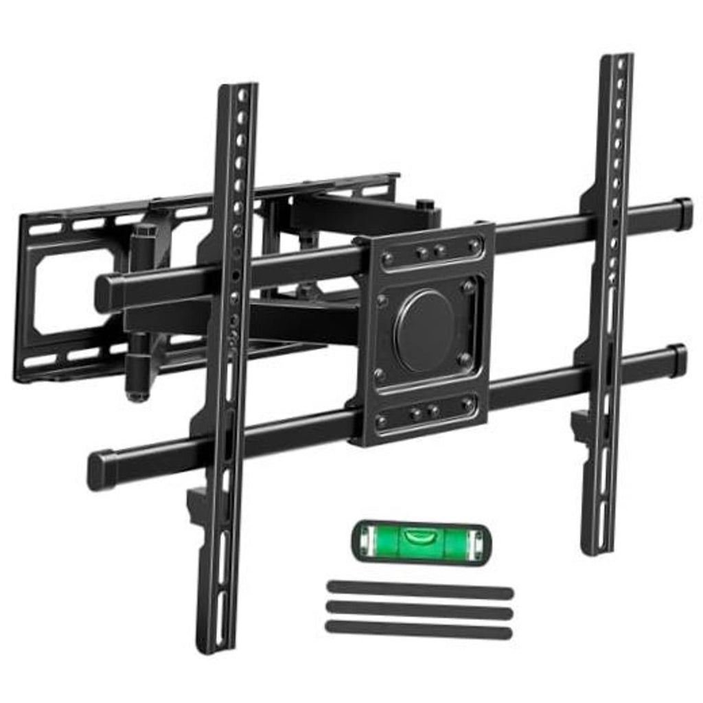 Full-motion TV wall mount bracket with VESA plate and vertical support arms, black metal