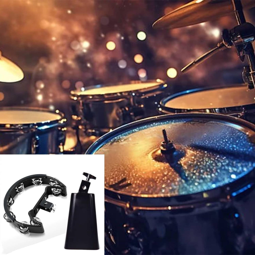 Black tambourine and black cowbell for a drum set