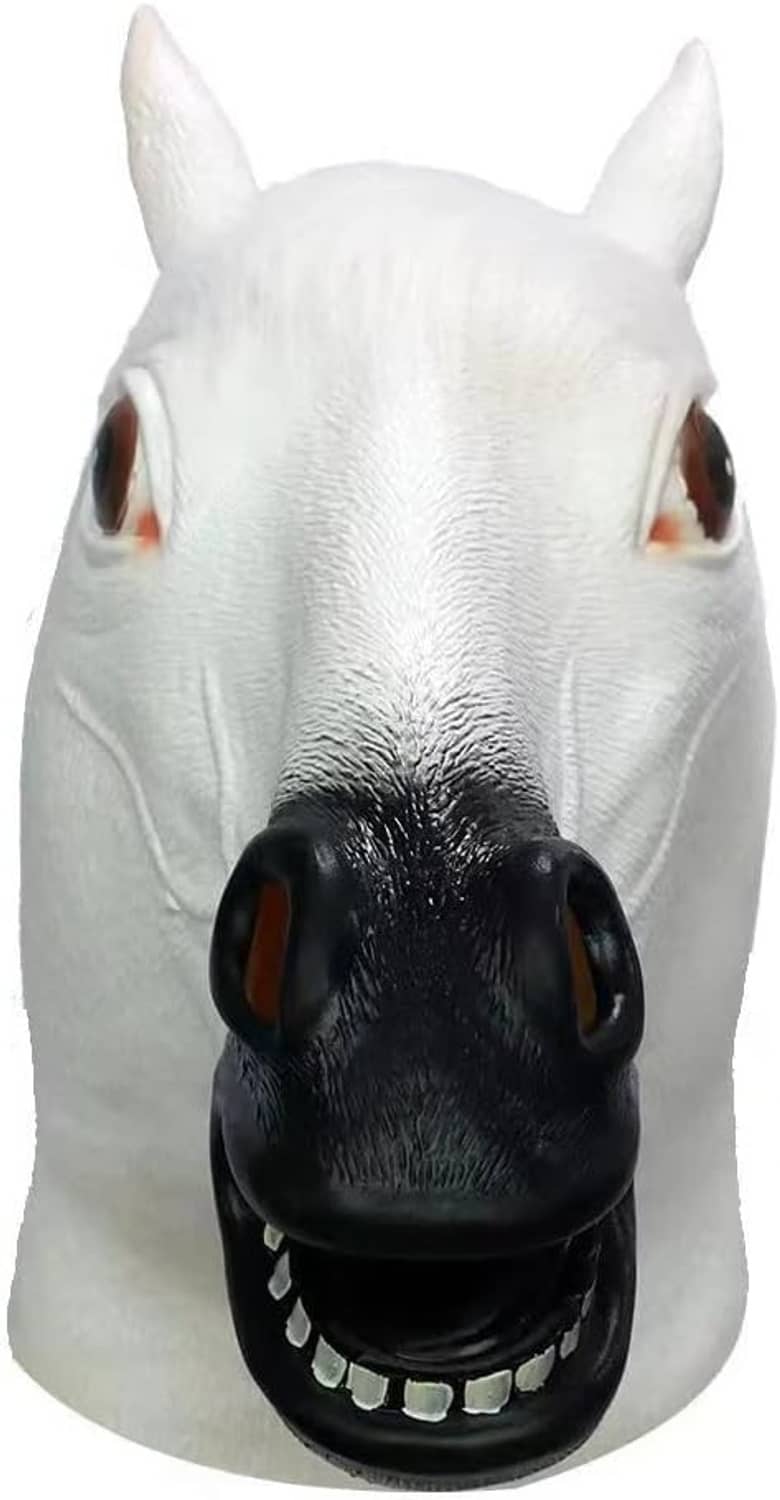 White horse latex head mask, front view, brown eyes, black nose and muzzle with teeth