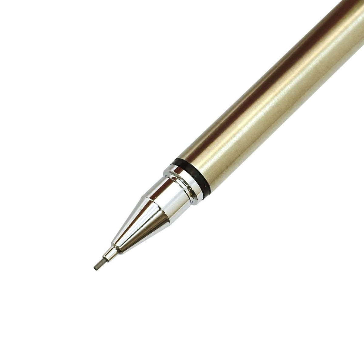 Gold pen tip close-up with black ring and metal retract mechanism