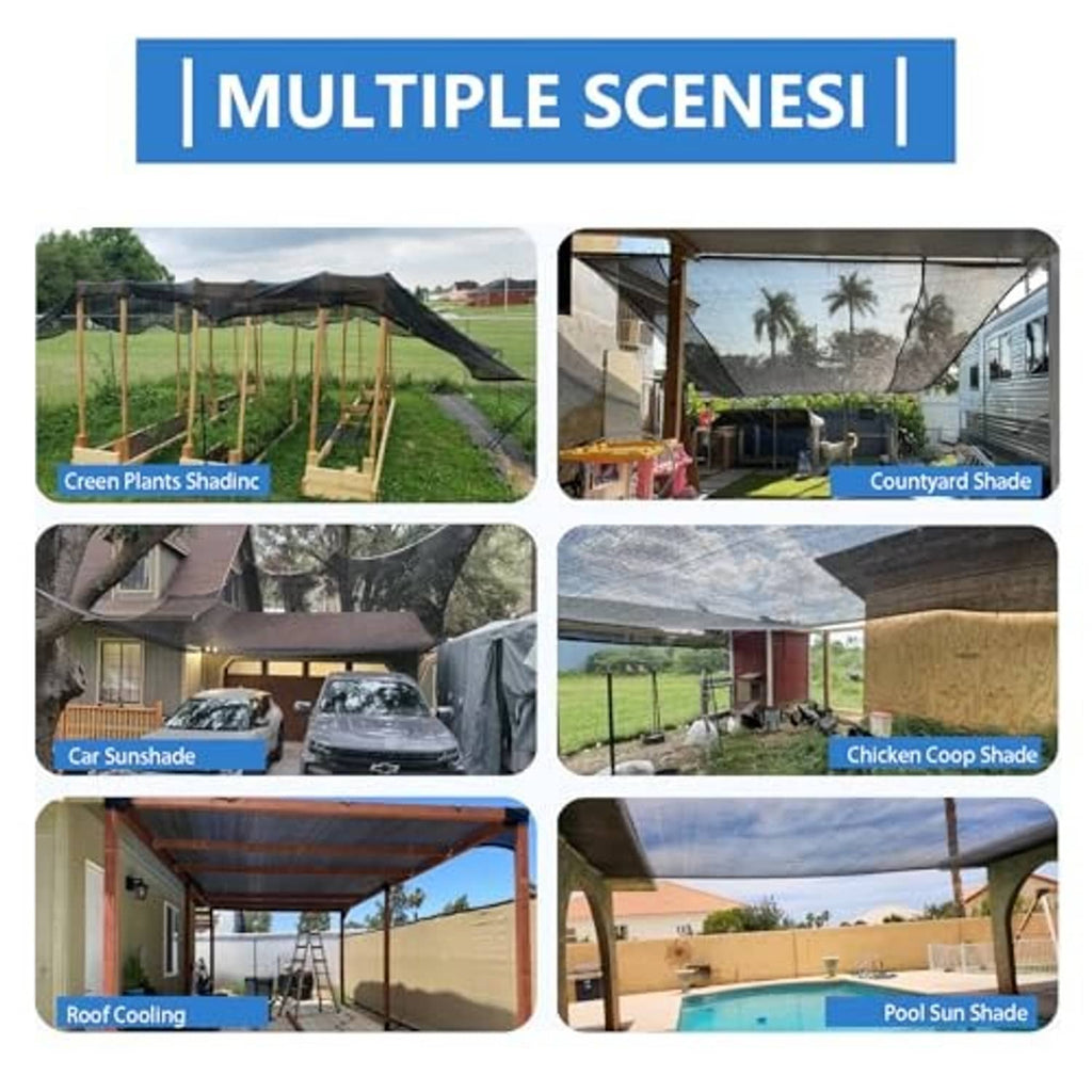Black sun shade mesh sail shown in multiple outdoor setup scenes