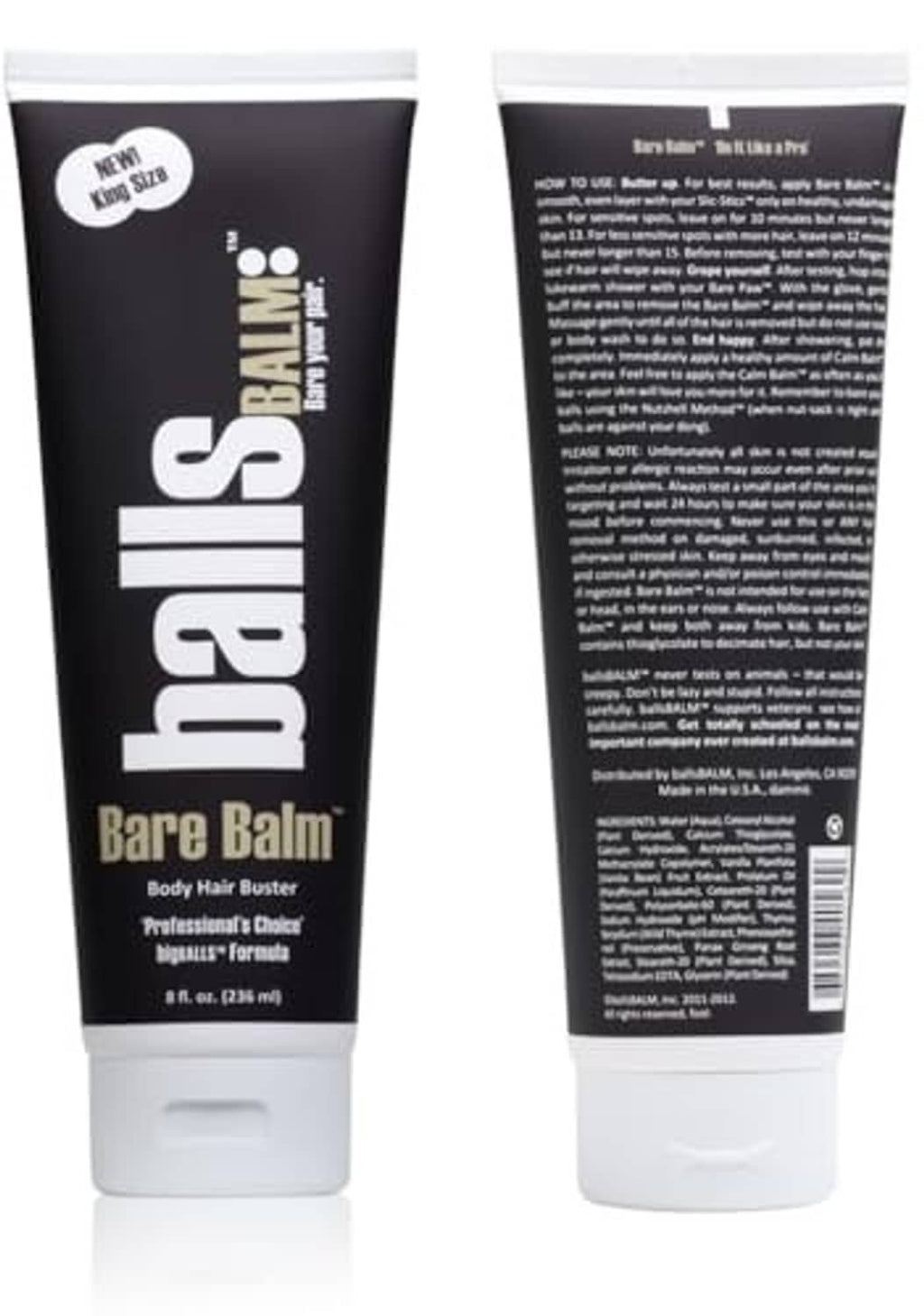 Bare Balm body hair buster cream tube front and back, black label on white base
