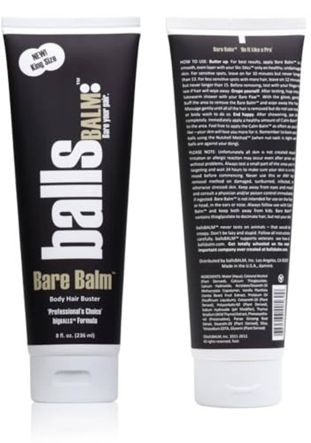 Bare Balm body hair buster cream tube front and back, black label on white base