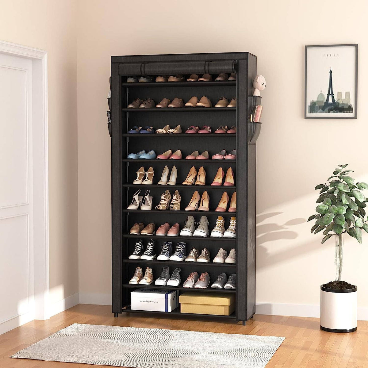 Tall black 10-tier shoe rack cabinet with covered shelves and space for many shoes