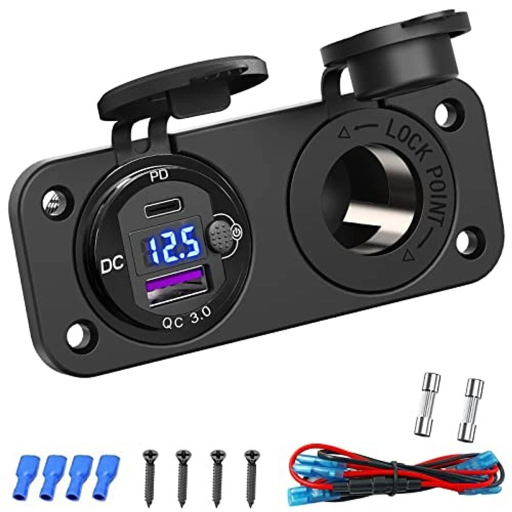 12V car cigarette lighter USB outlet with LED voltmeter, plus mounting screws and wiring