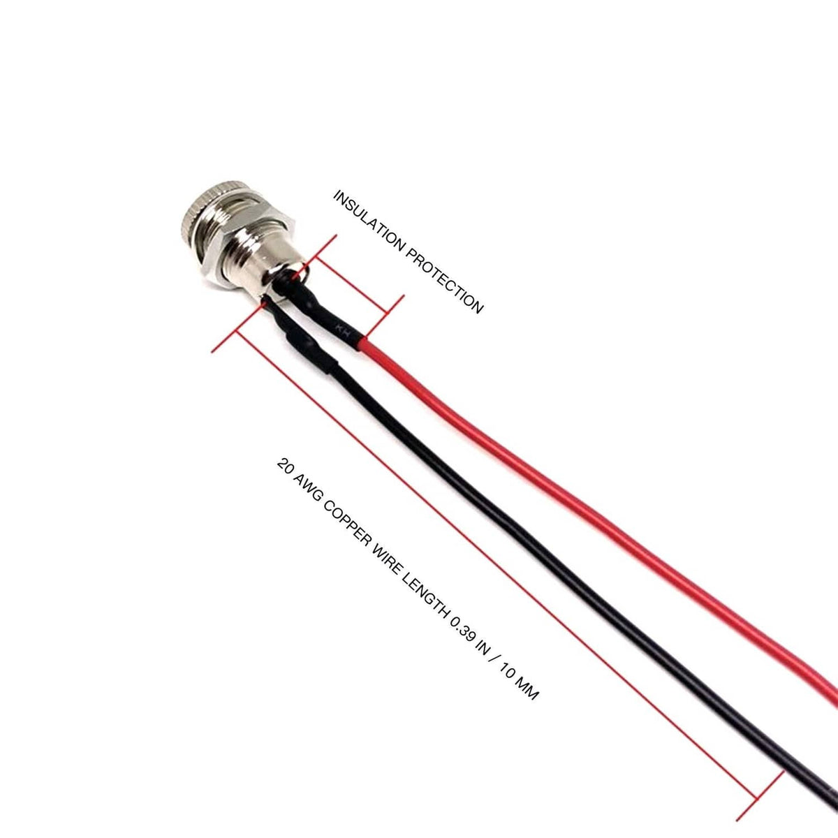 Threaded DC power jack socket with insulated red and black wires and protective layer