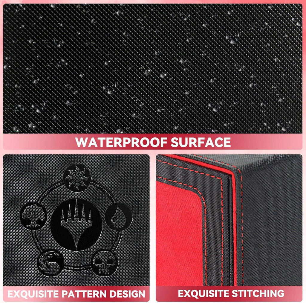 Waterproof-textured black card deck box with stitched edges and embossed emblem