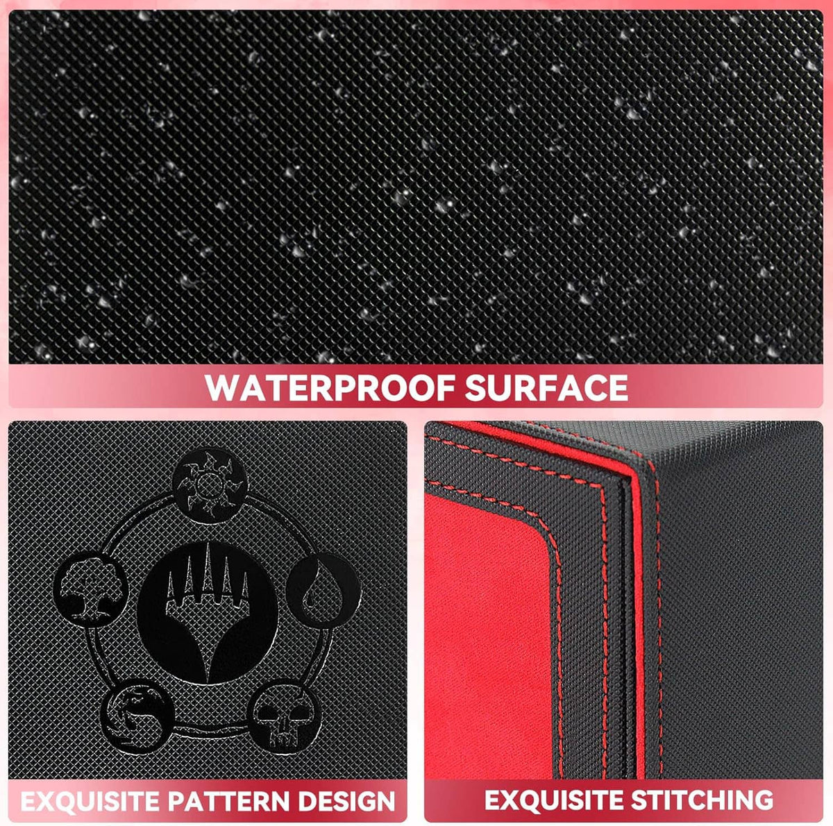 Waterproof-textured black card deck box with stitched edges and embossed emblem
