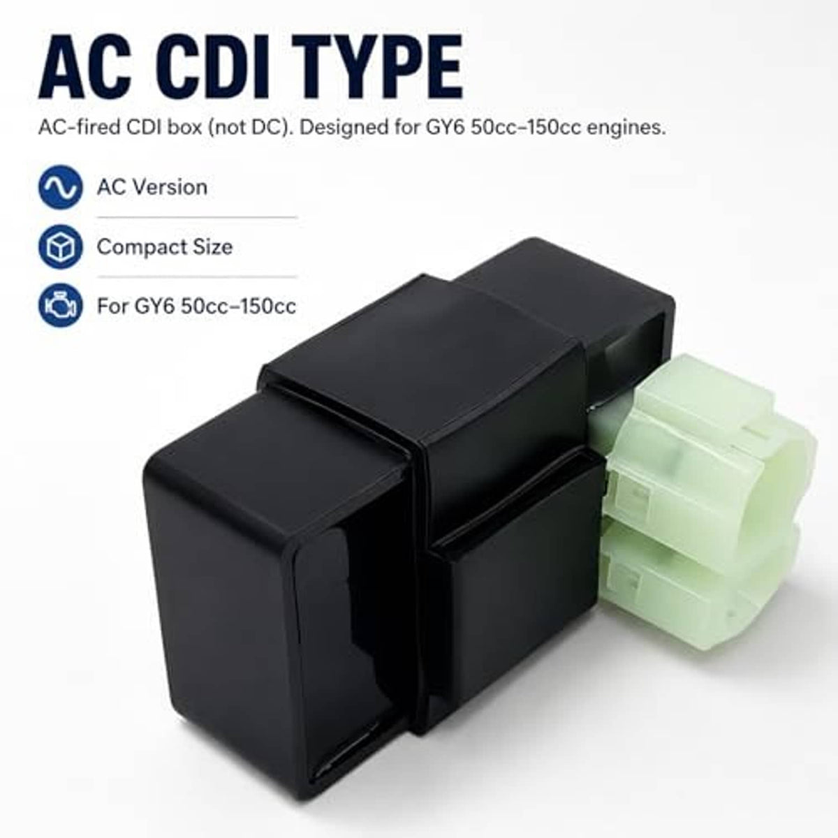 Black AC CDI box with attached light green multi-pin connector, side view