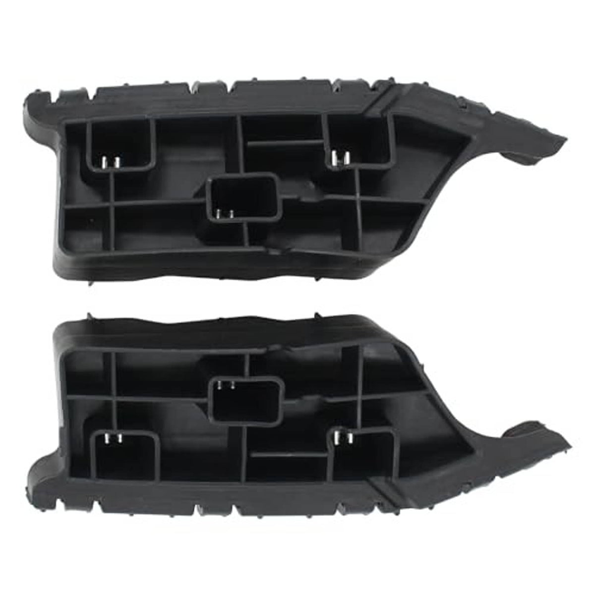 Front bumper bracket retainer mounts set, black plastic with molded channels and metal tabs