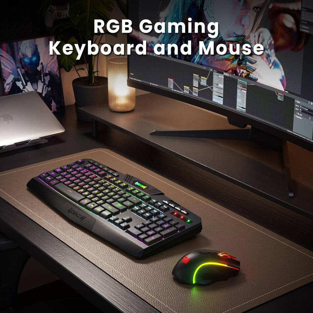RGB gaming keyboard and wireless mouse, black with rainbow backlit keys and neon accents