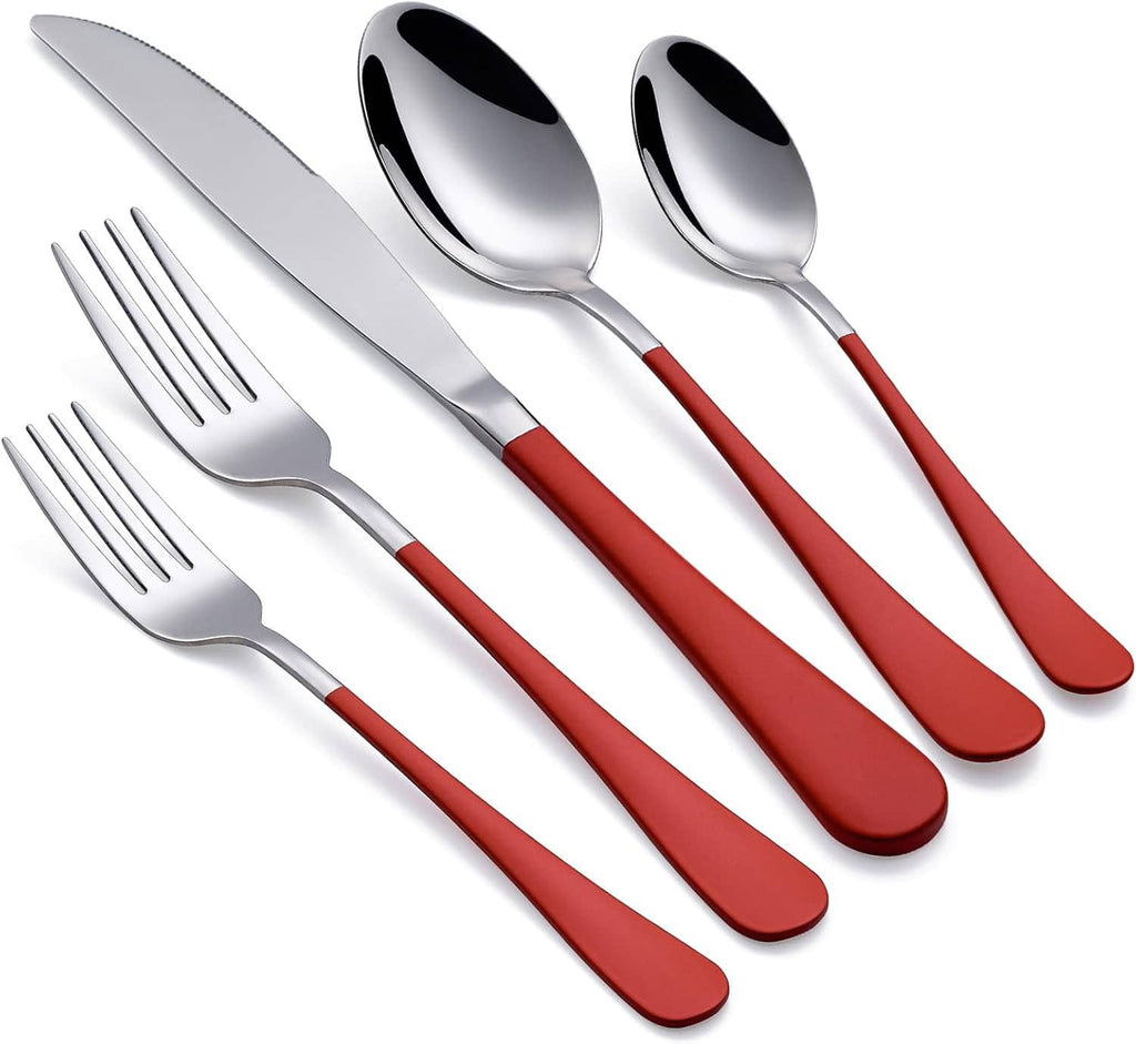 Assorted stainless flatware with red handles: knives, forks, and spoons