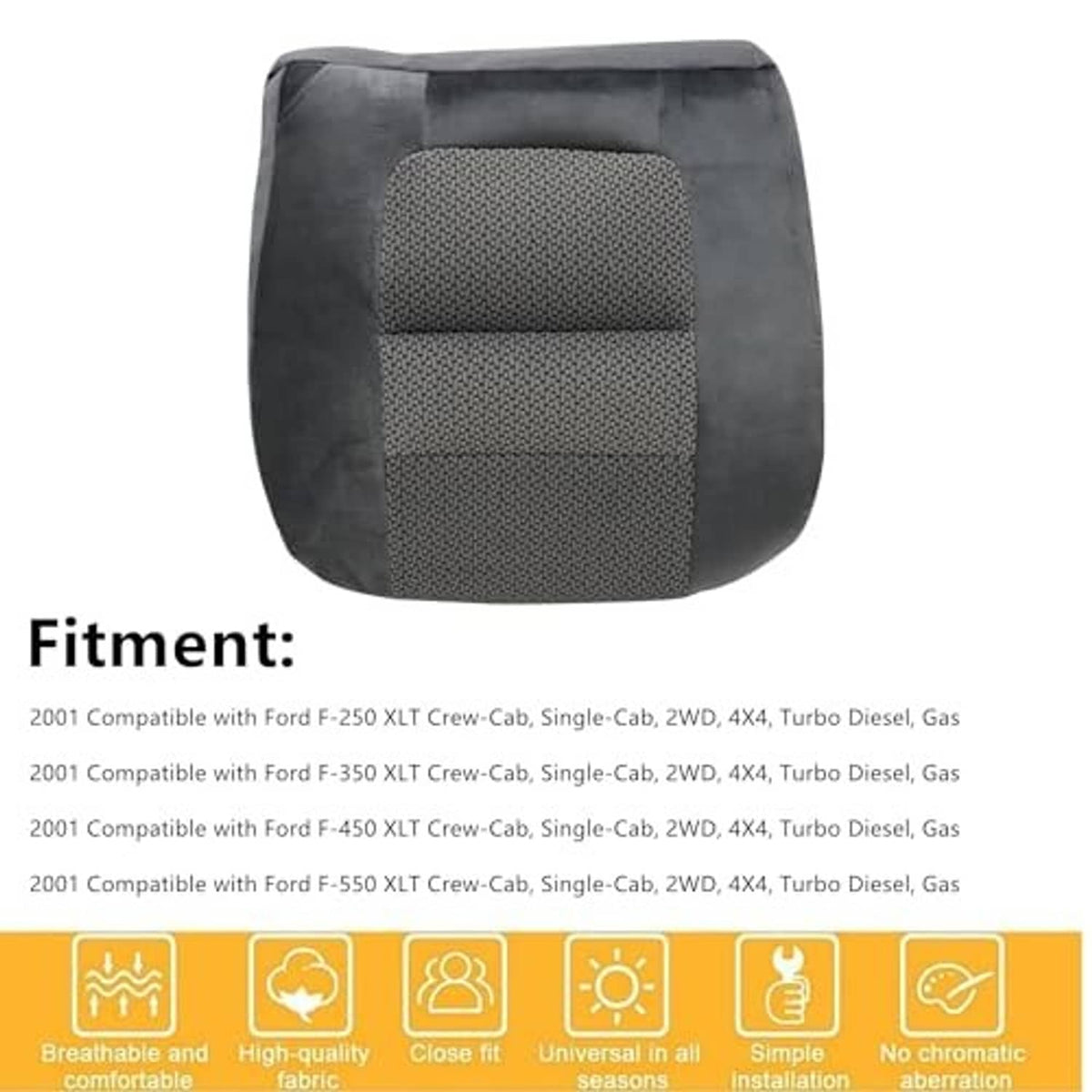 Gray cloth seat cover front view with textured center panel and dark side bolsters.