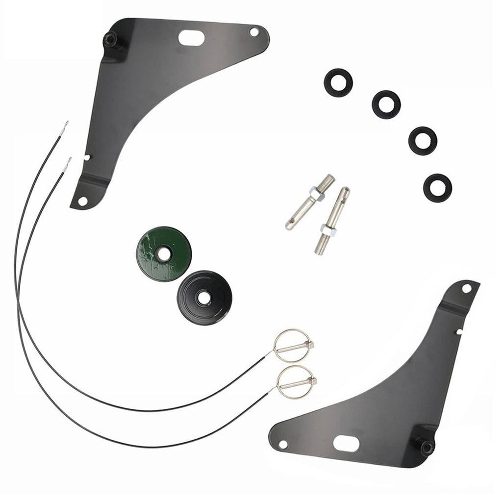Black hood pin mounting kit components: brackets, cables, pins, and washers