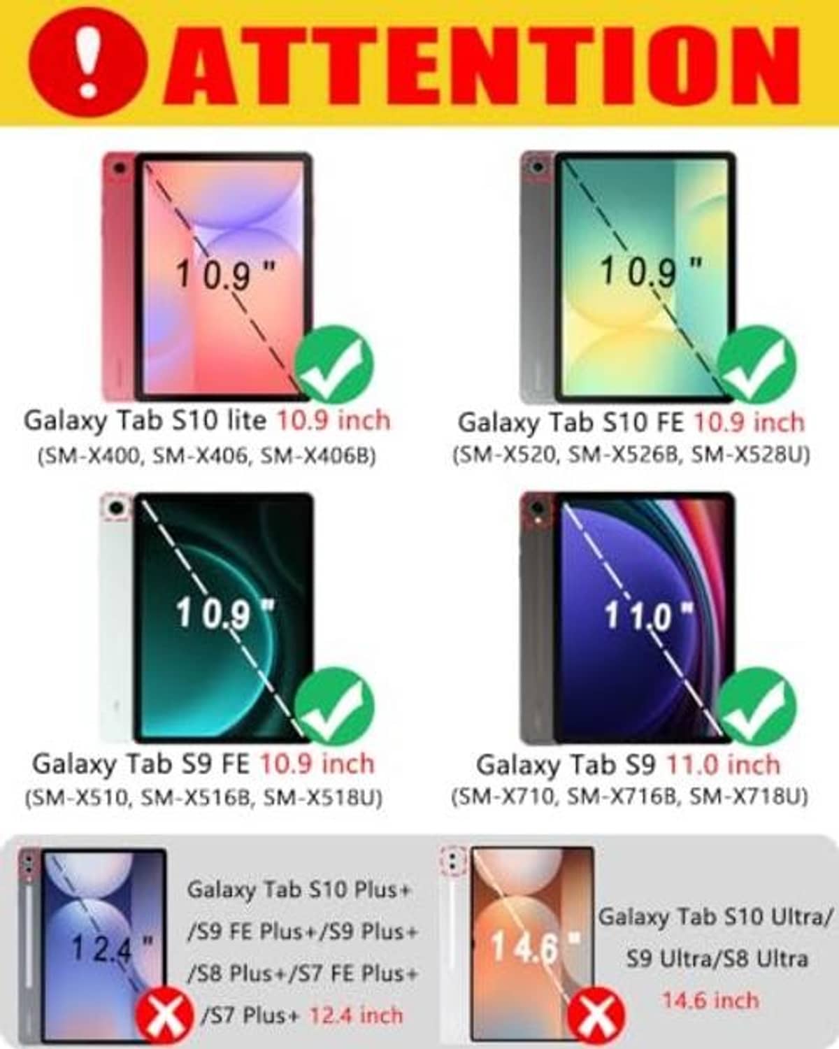 Compatibility size chart for tablet keyboard case, with model names and screen sizes.