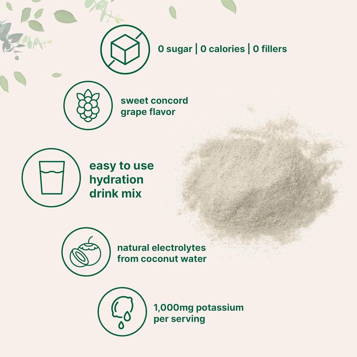 Electrolyte powder hydration drink mix infographic, natural coconut electrolytes