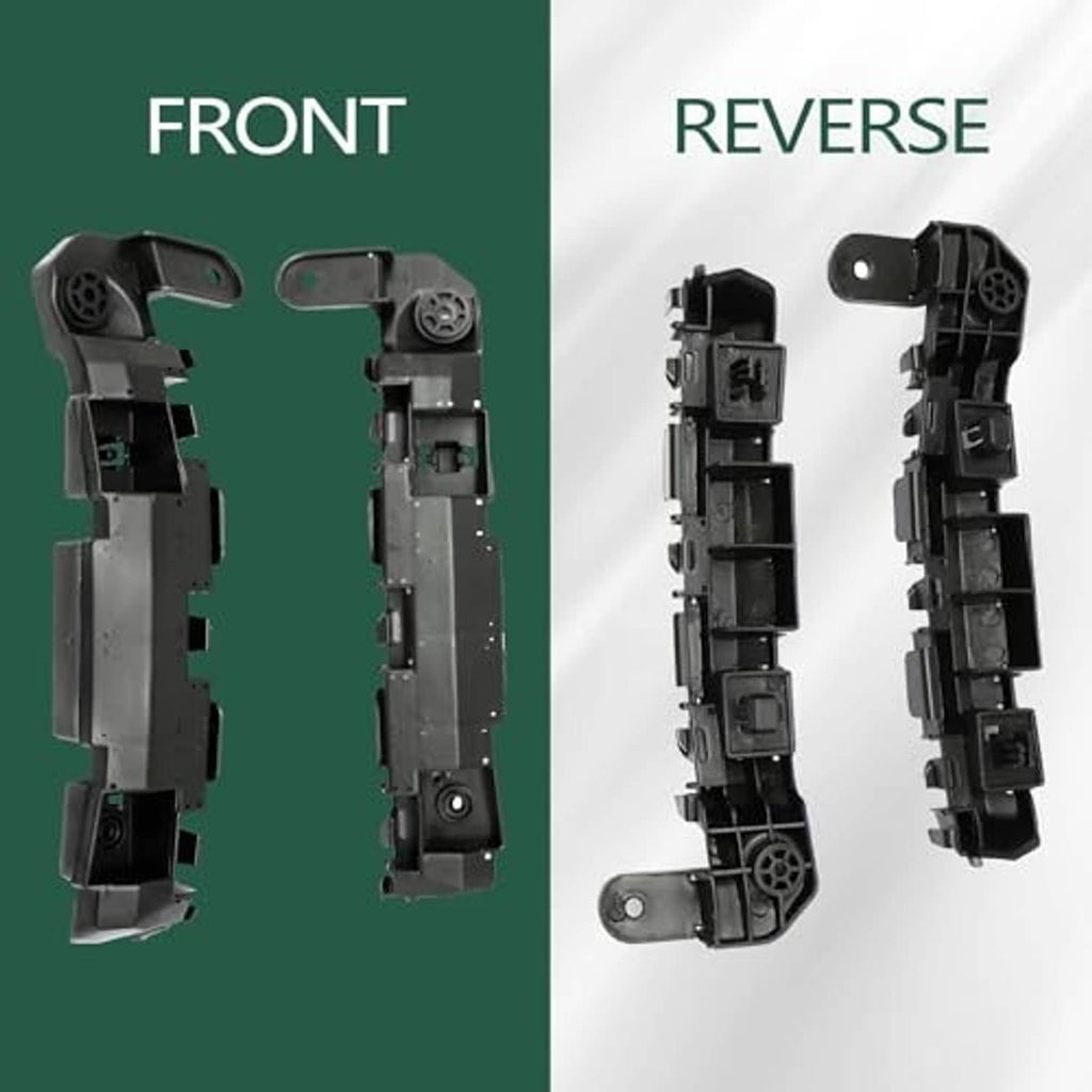 Front and reverse views of black bumper retainer bracket support holders, paired set