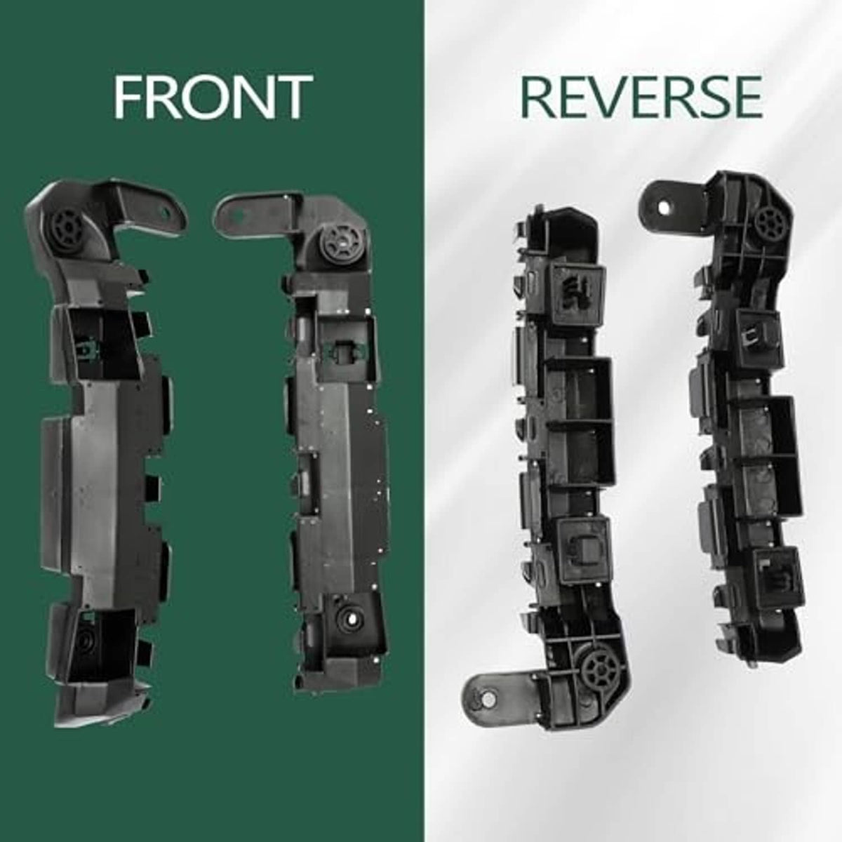 Front and reverse views of black bumper retainer bracket support holders, paired set