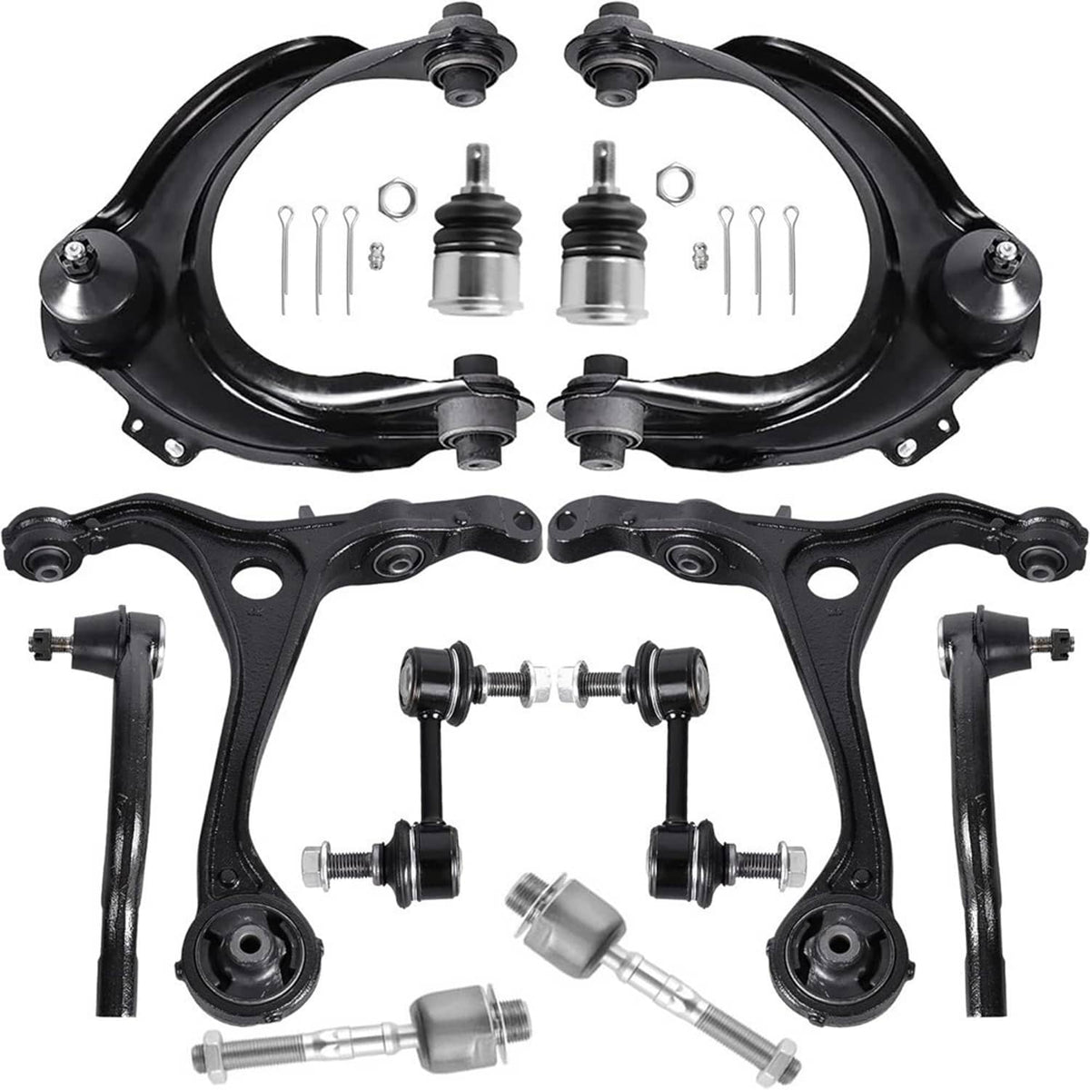 Front suspension control arm set with inner and outer bushings and included hardware