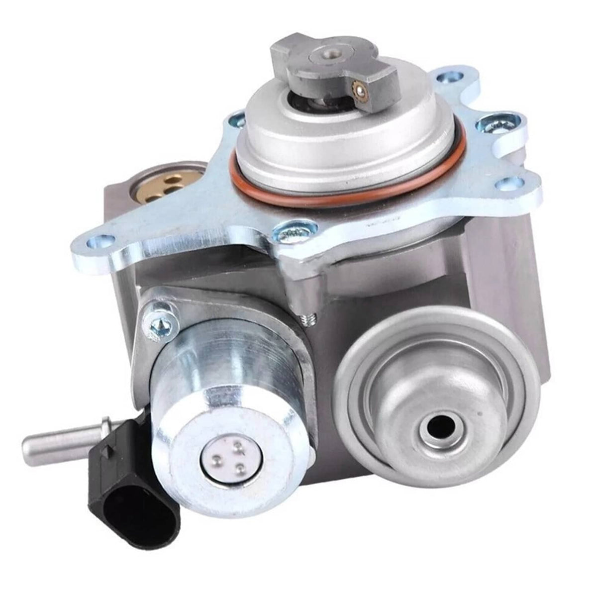 High pressure fuel pump close-up with orange seal ring and silver metal housings