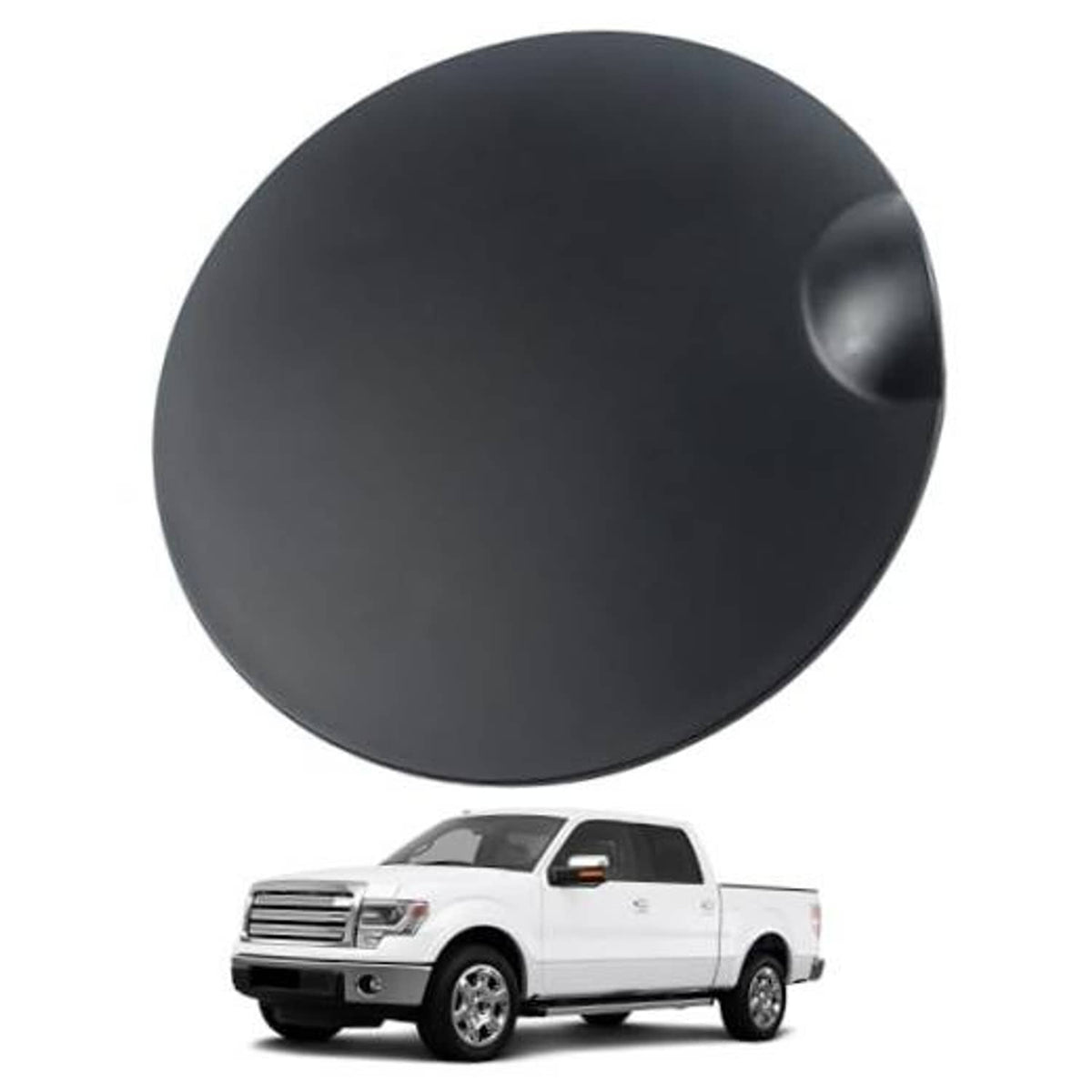 Matte black round gas tank door cover with molded side pull tab detail