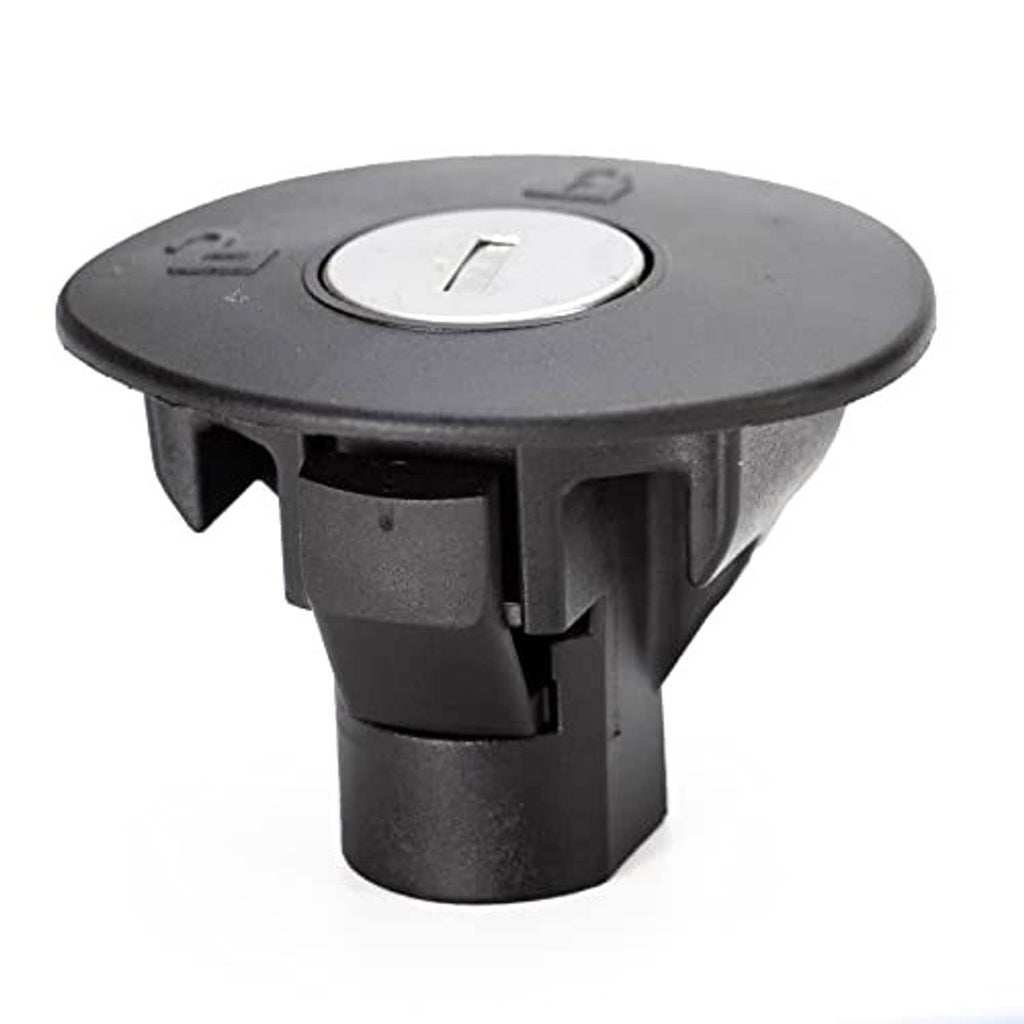 Black locking gas cap with circular key slot and front latch tabs