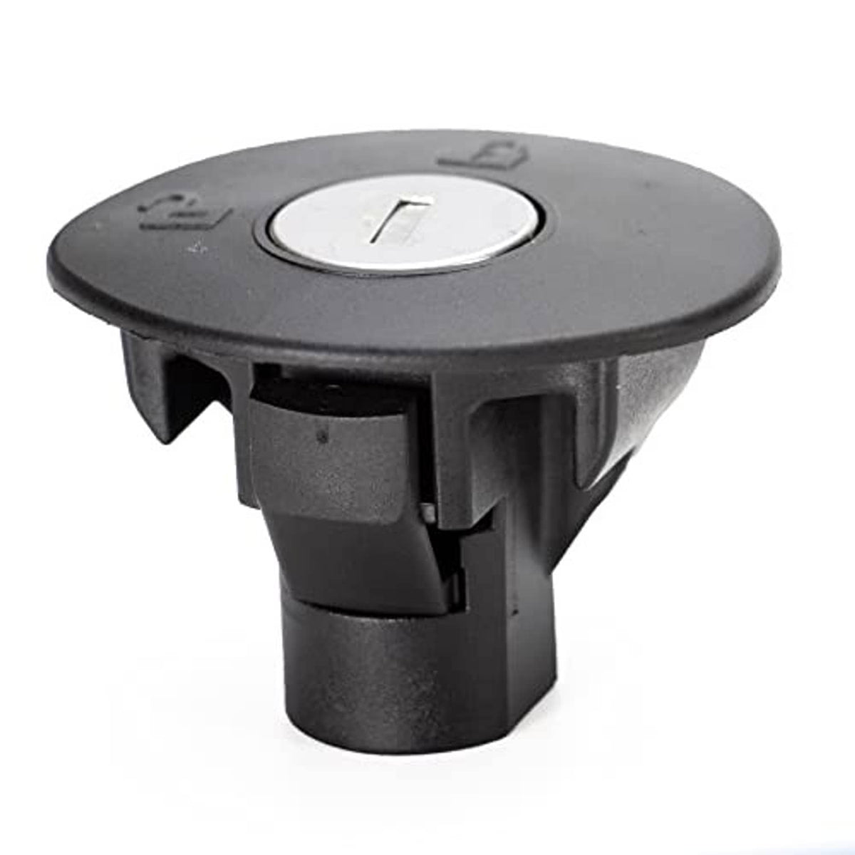Black locking gas cap with circular key slot and front latch tabs