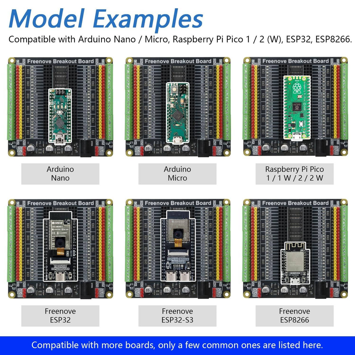 Universal breakout board with multiple compatible microcontroller board examples shown