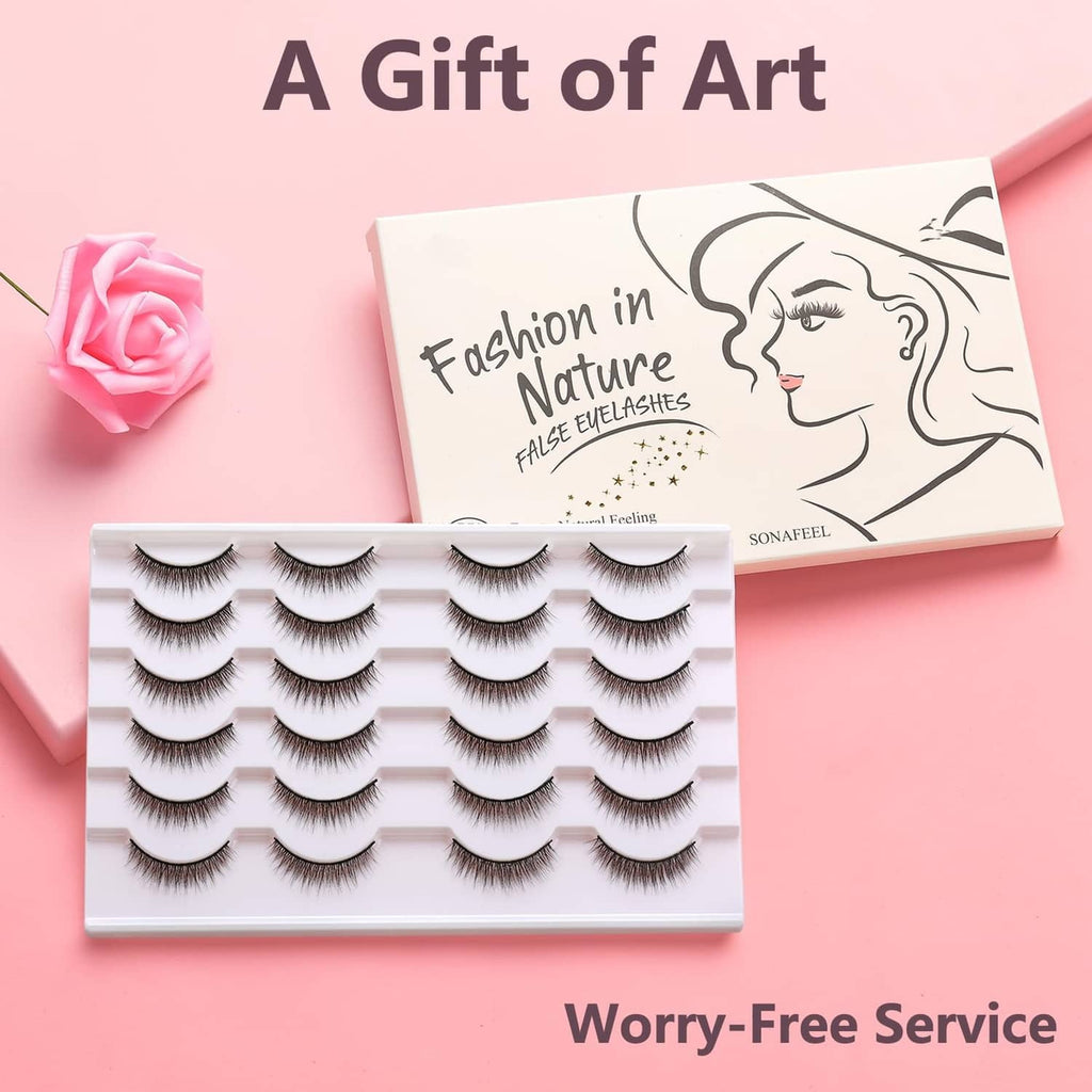 Pack of multiple short wispy strip false eyelashes with soft lash strands