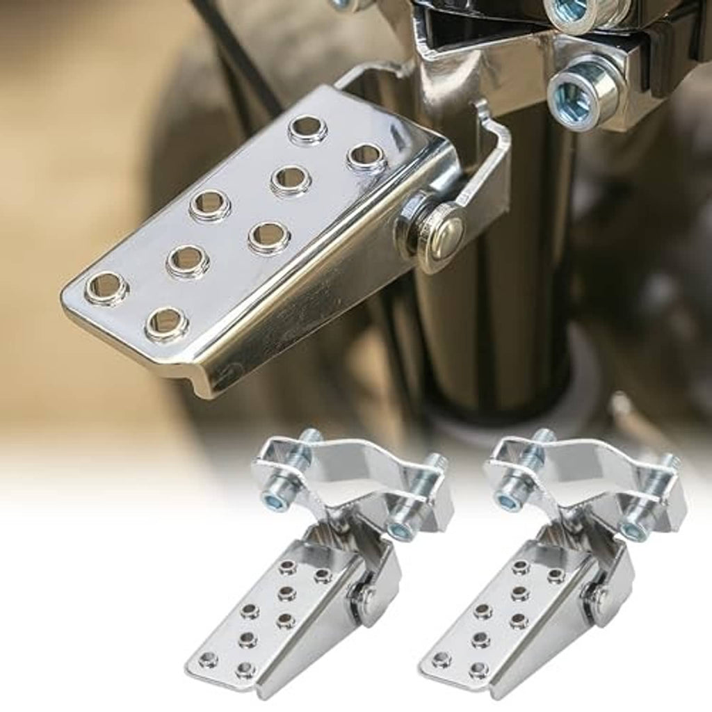 Metal folding bike foot pegs with perforated plates, clamp arms, and mounting bolts