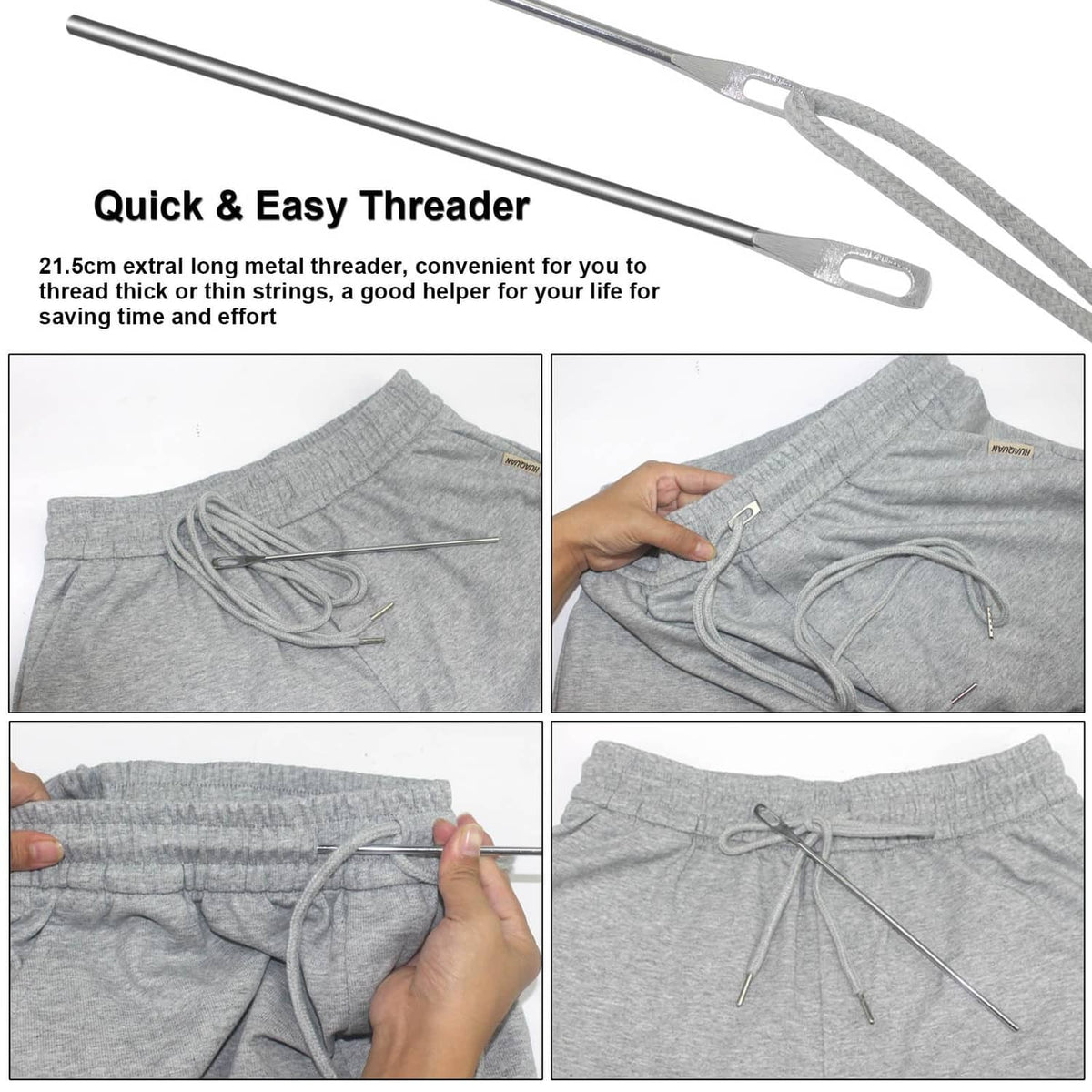 Gray sweatpants waistband with threaded drawstring cords and metal needle