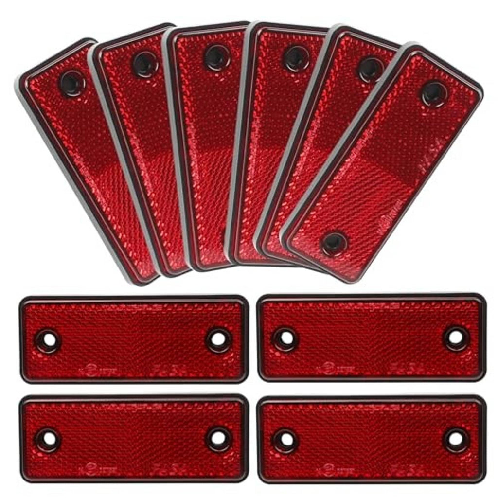Pack of red rectangular reflectors with round mounting holes and black side borders.