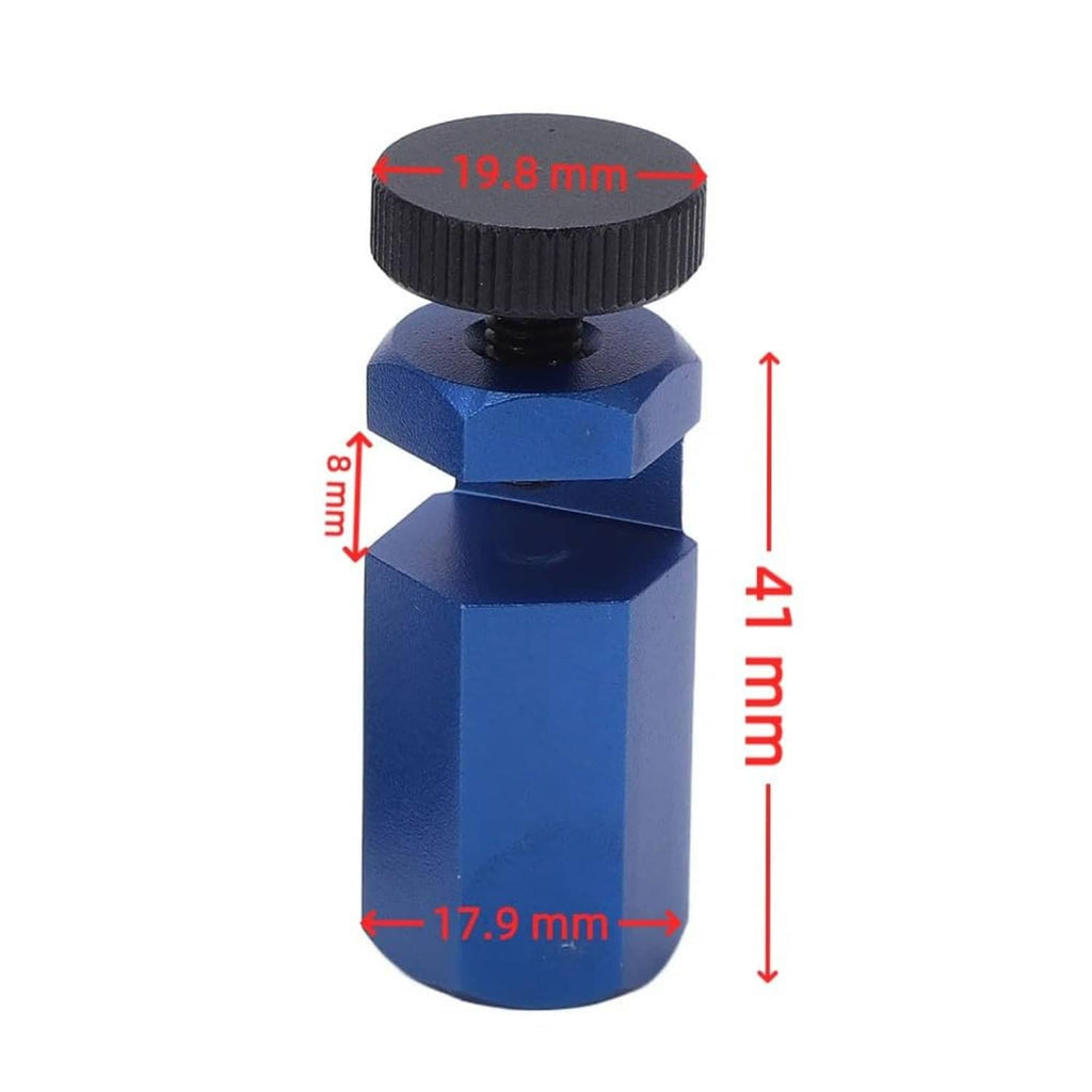 Tall blue metal stair gauge with black knurled adjustment knob