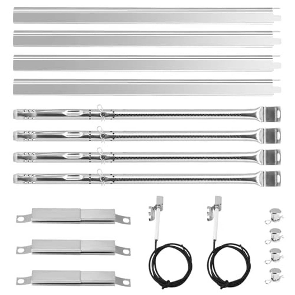 Stainless steel grill burner tubes with heat plates, igniter cables, and small mounting parts