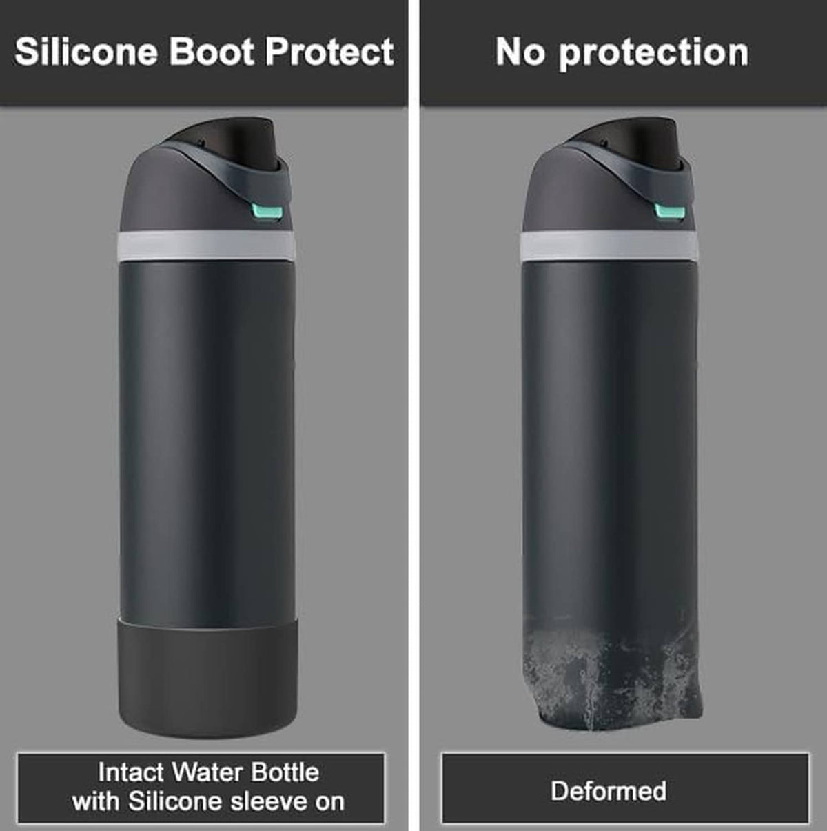 Black silicone bottle boot on water bottle, protection compared with damaged sleeve