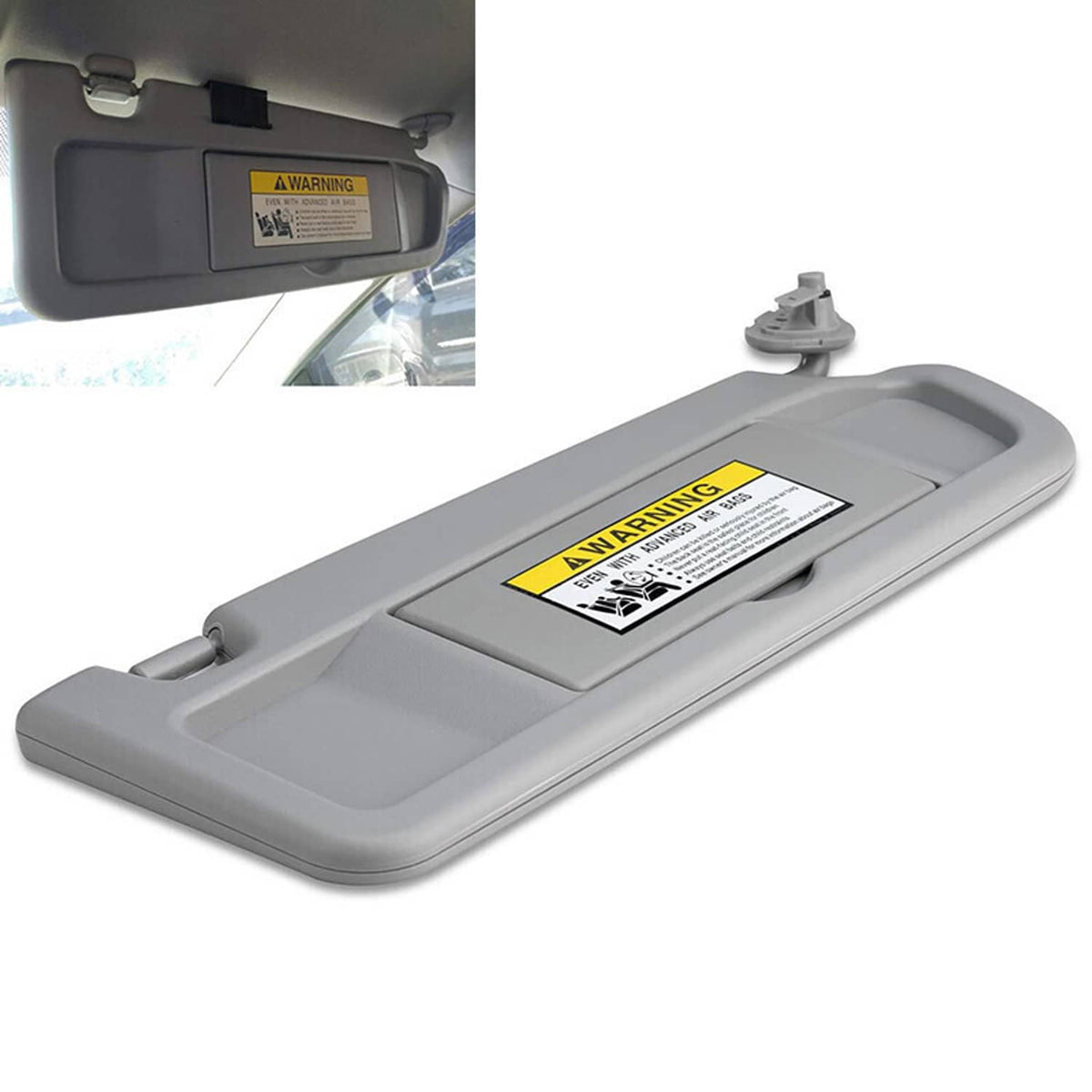 Grey right passenger sun visor with warning label and mounting bracket