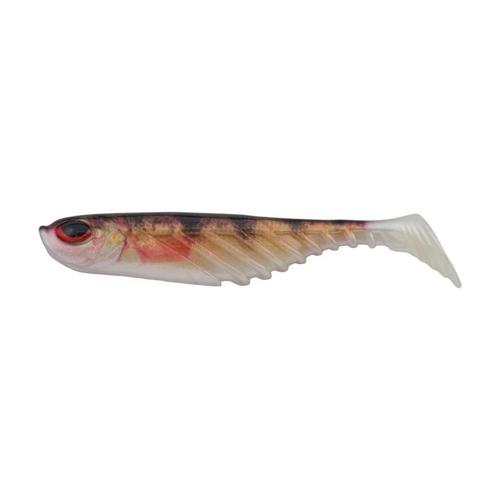 Perch-color soft fishing lure with red eye, arched back, and translucent pale fins