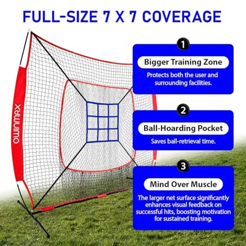 Baseball practice net, red and white frame with blue target window and front netting