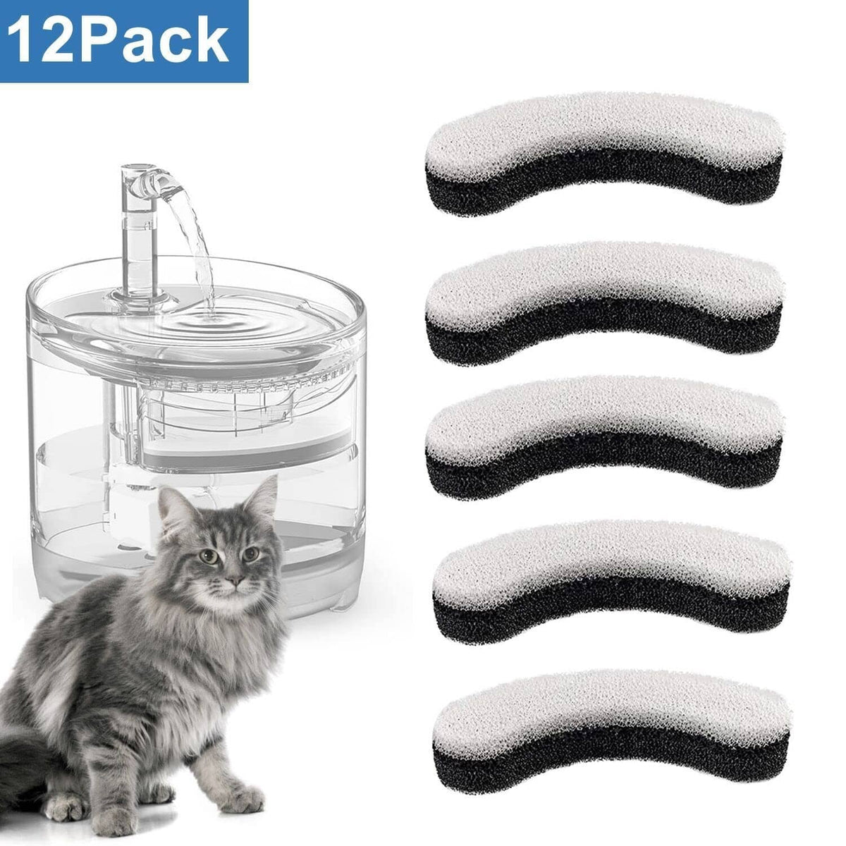 12-pack replacement curved foam water filter pads, black-and-gray sponge pieces