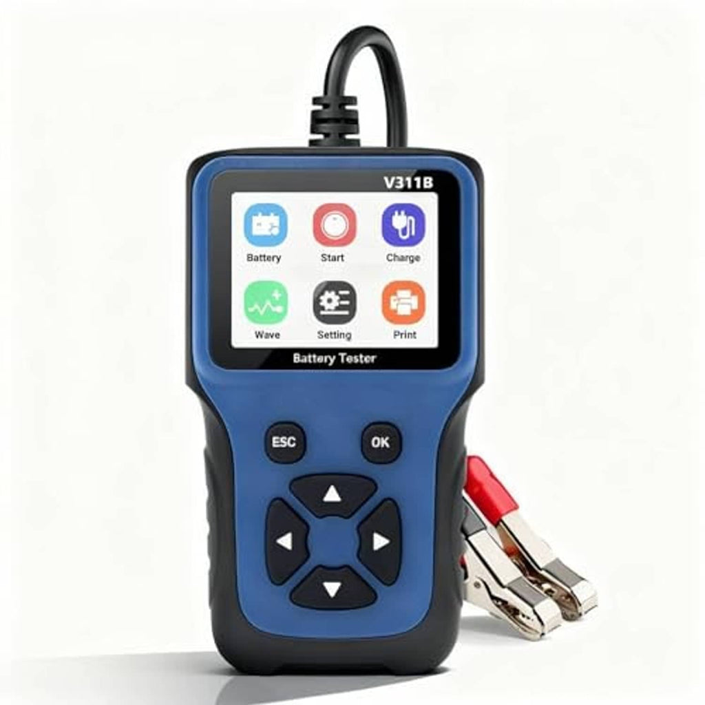 Car battery tester with blue display, button keypad, and metal clamp leads